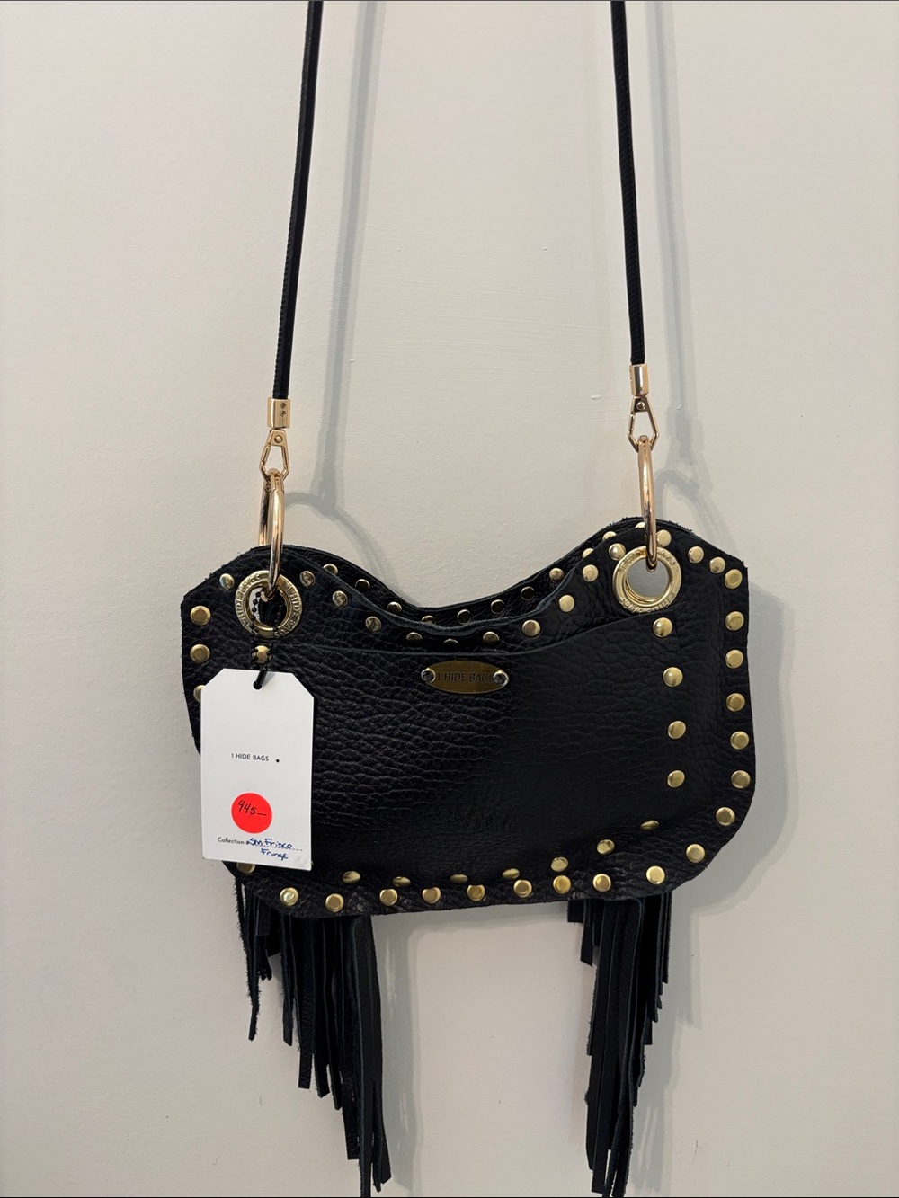 Studded Fringe Black Leather Crossbody Bag with Gold Accents